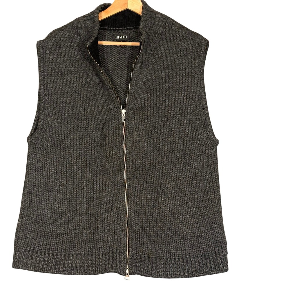 III STATE Wool Full Zip Sweater Vest Mens Large‎ Charcoal Gray Ribbed Mock Neck